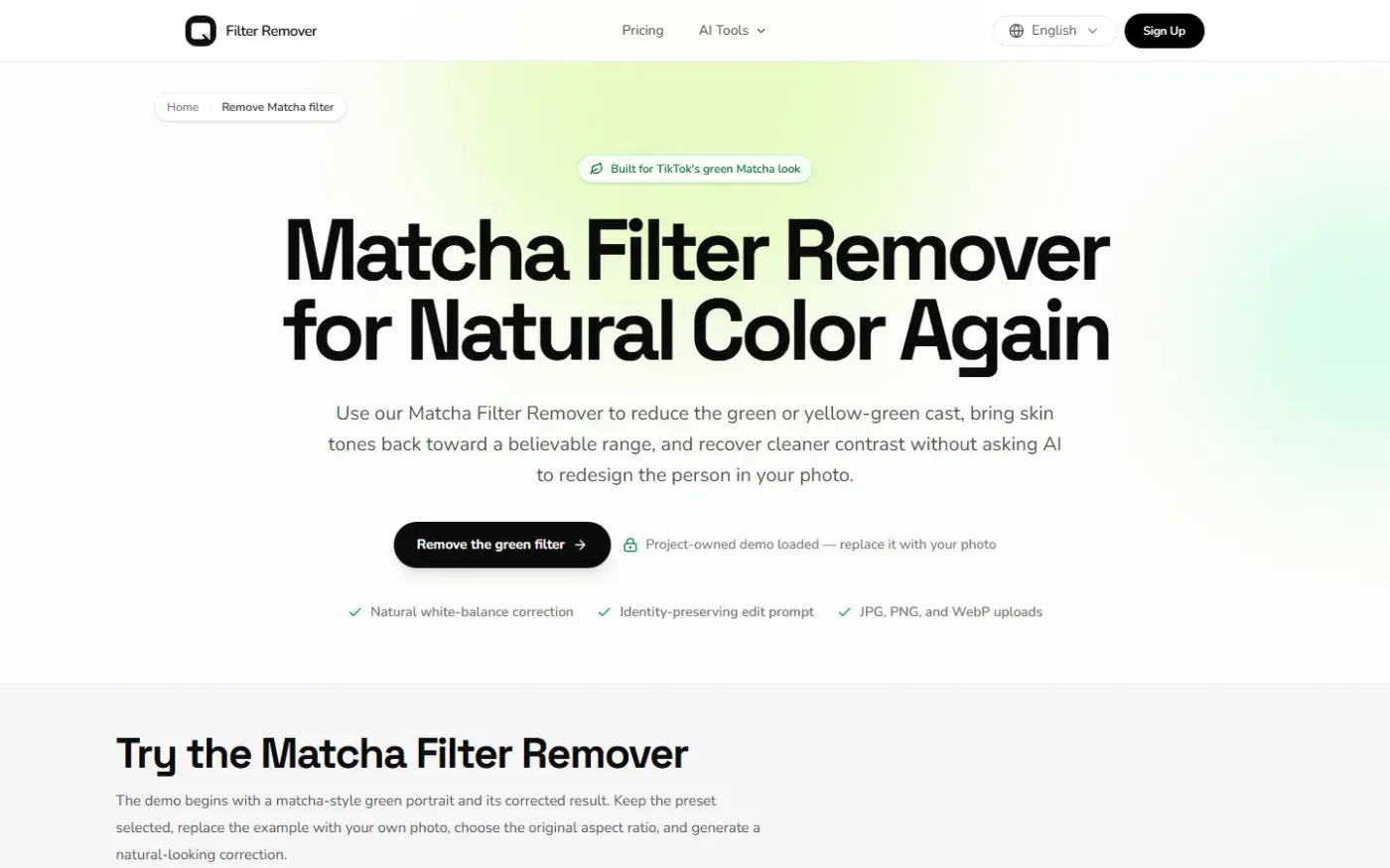 Filterremover — Matcha filter remover page
