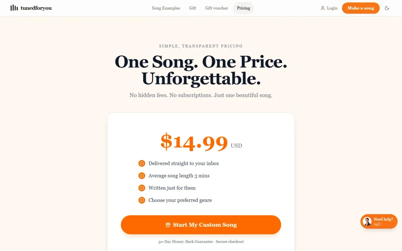 Tunedforyou — Pricing page