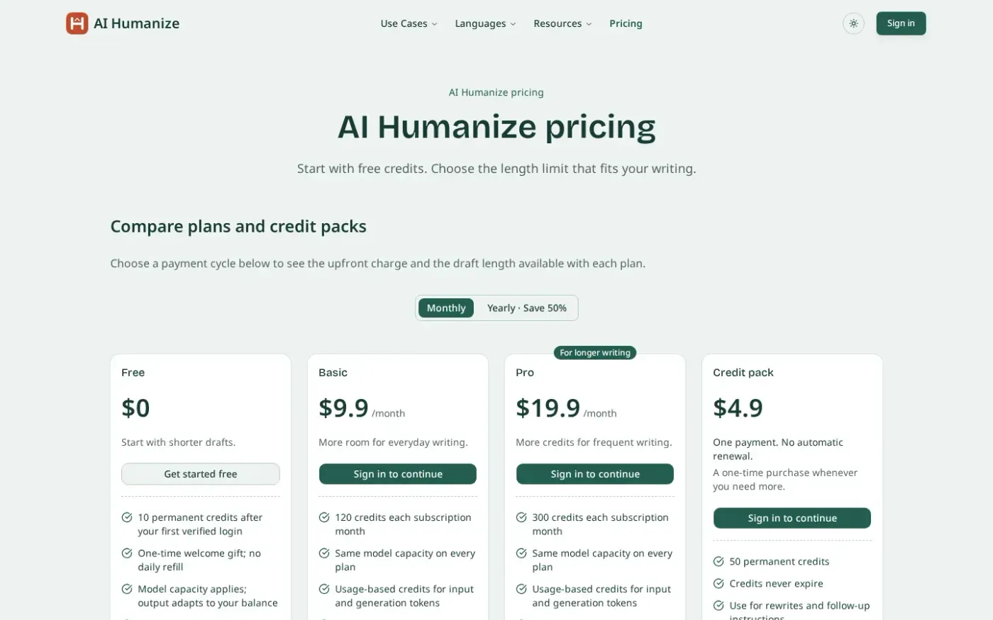Ai Humanize — Pricing page