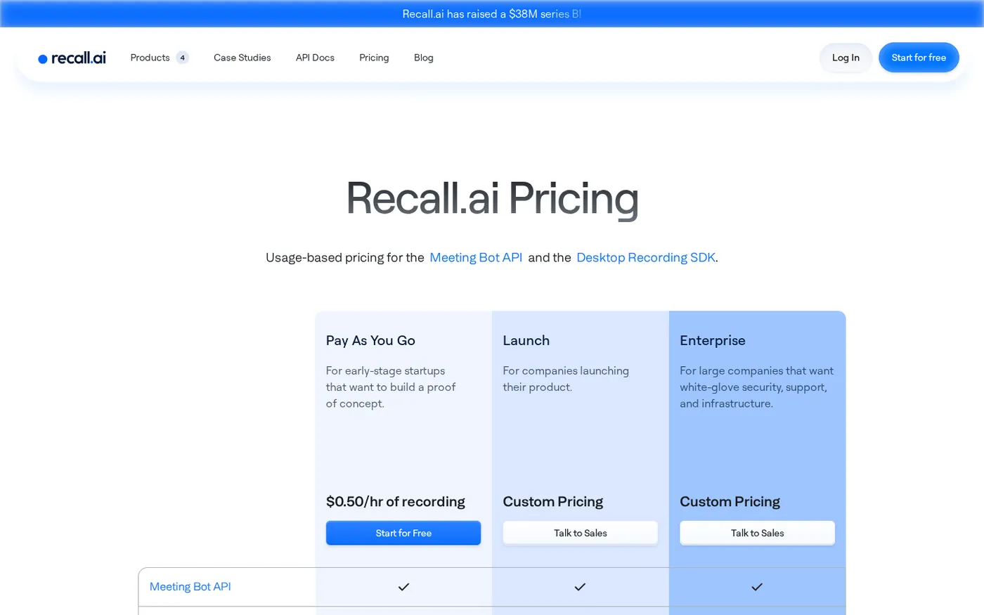 Startup Program by Recall.ai — Startup program for meeting recording infrastructure — Pricing page