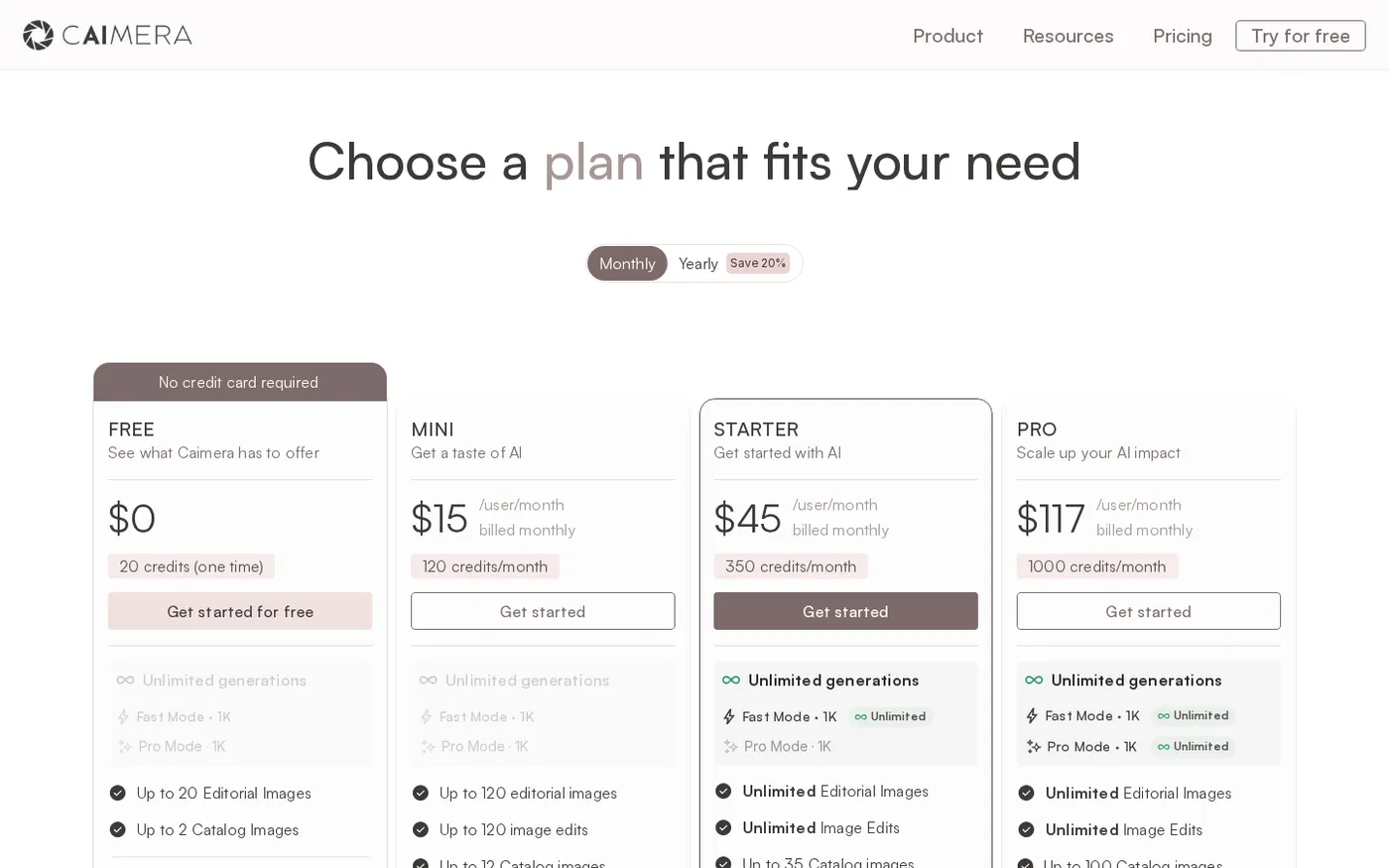 Caimera — AI Visual Production Platform for Fashion Teams — Pricing page