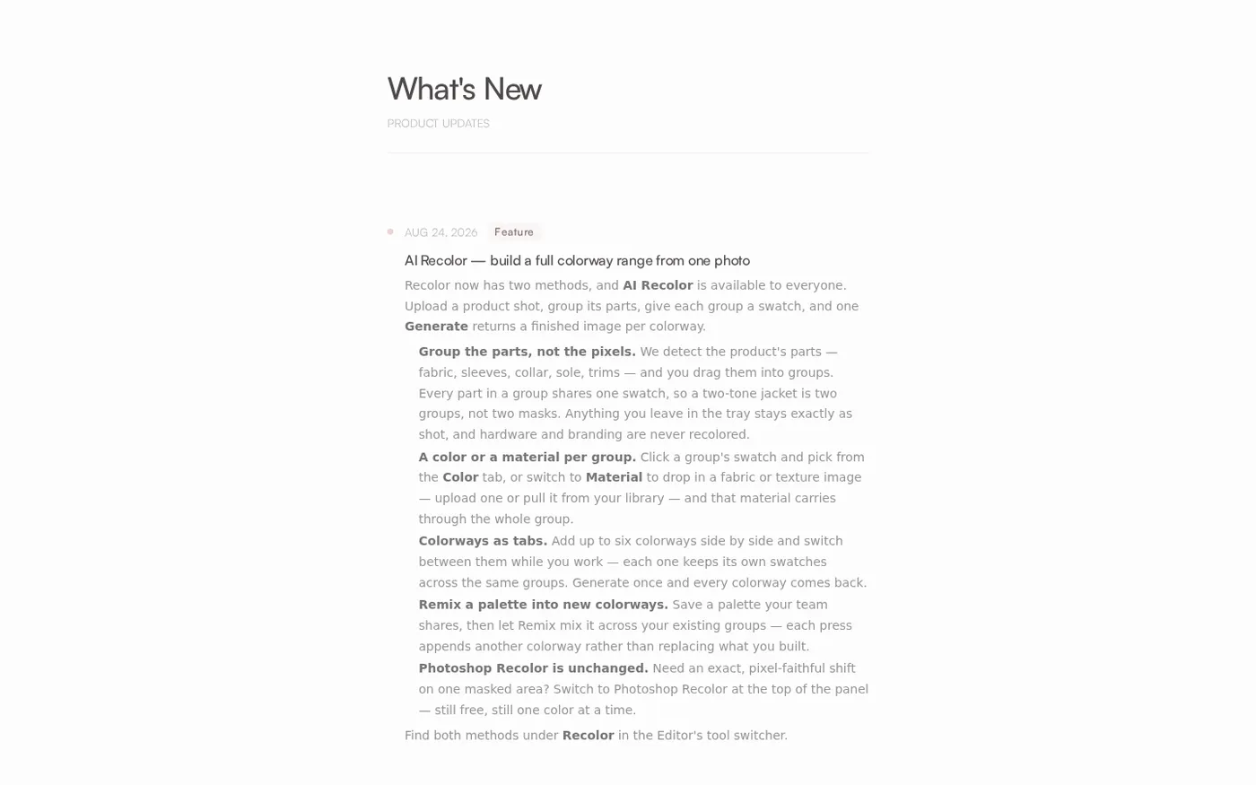 Caimera — AI Visual Production Platform for Fashion Teams — Changelog page