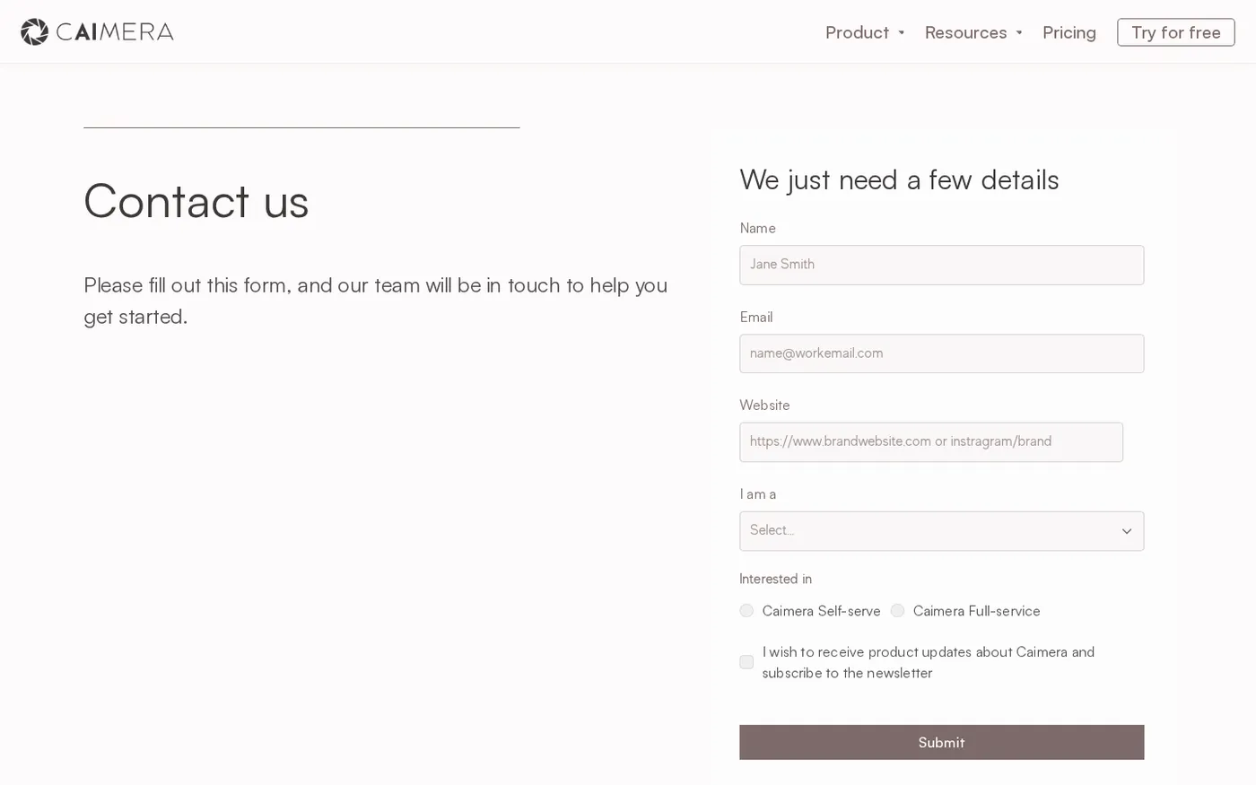 Caimera — AI Visual Production Platform for Fashion Teams — Contact us page