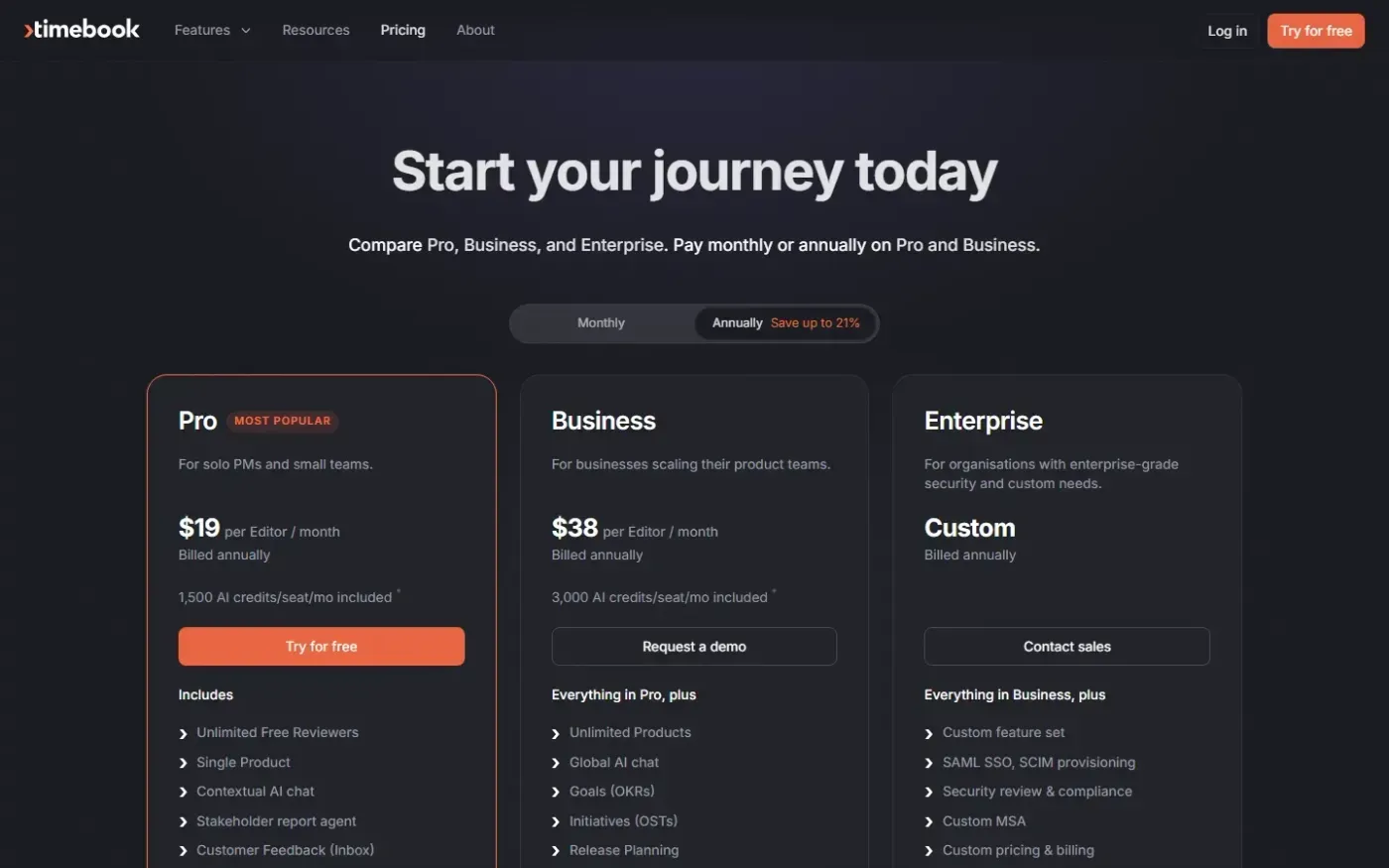 Timebook — Decide what to build — Pricing page