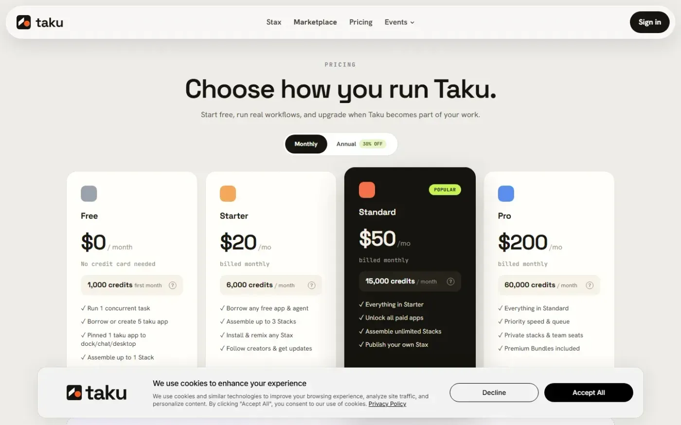 Taku AI — Borrow the best AI setups and make them yours. — Pricing page