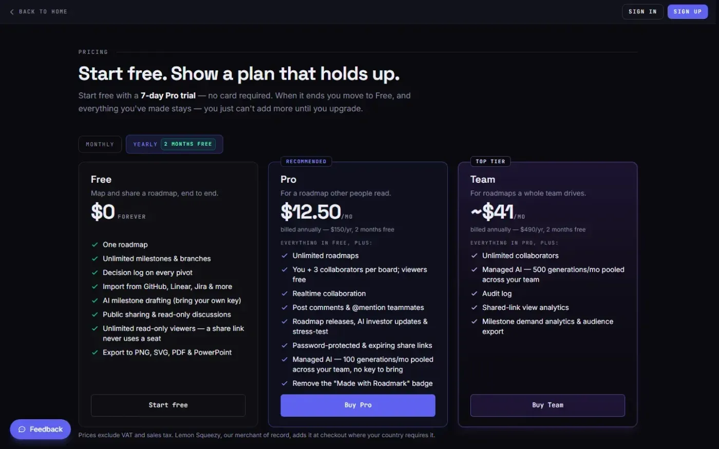 Yourroadmark — Pricing page
