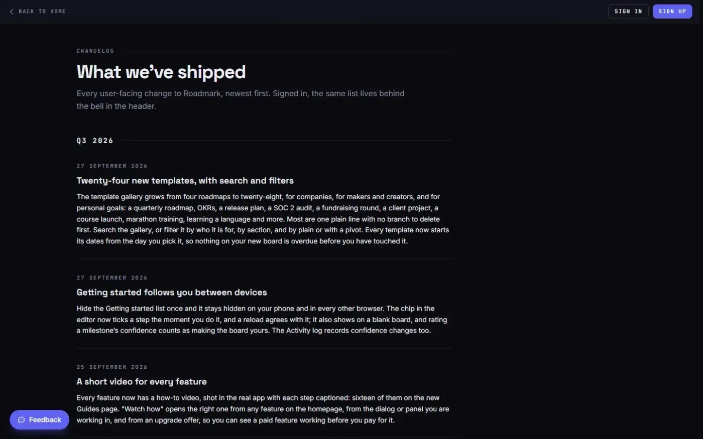 Yourroadmark — Changelog page