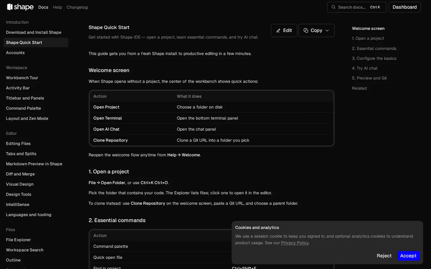 Shape — The agentic IDE for designers and programmers — Docs page
