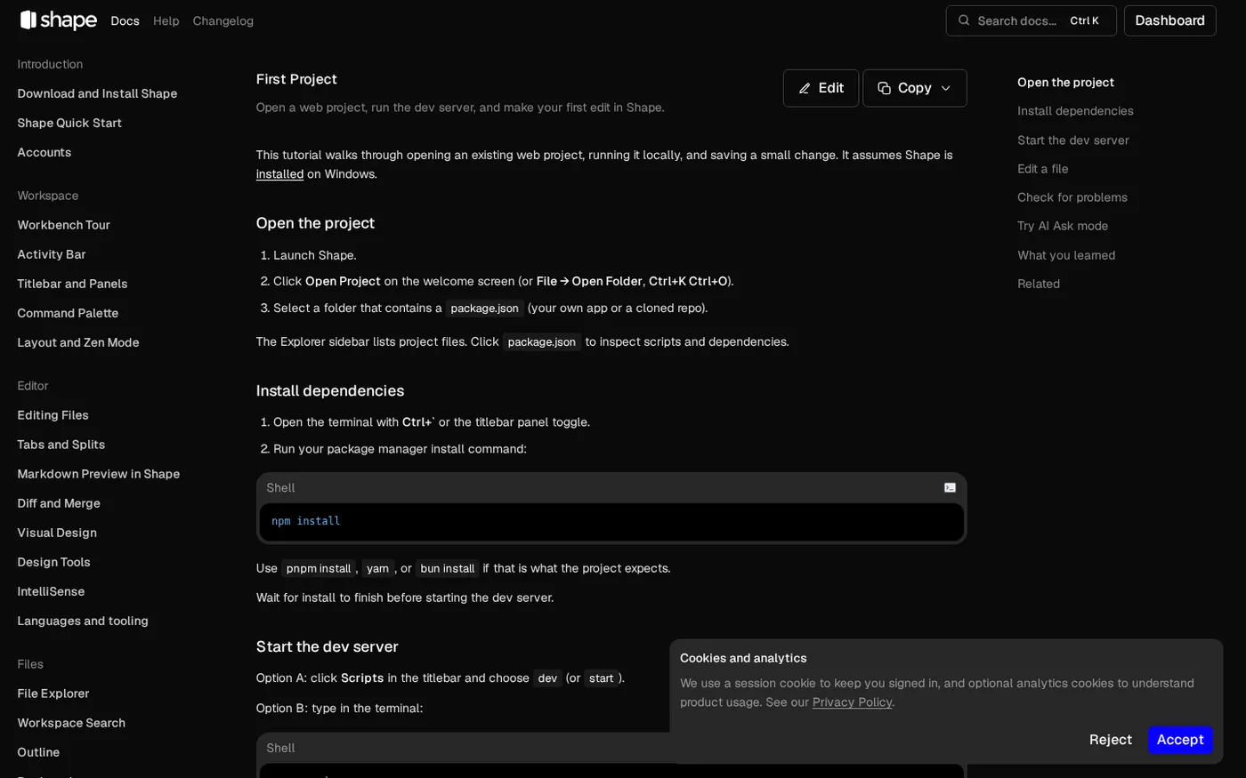 Shape — The agentic IDE for designers and programmers — Docs page