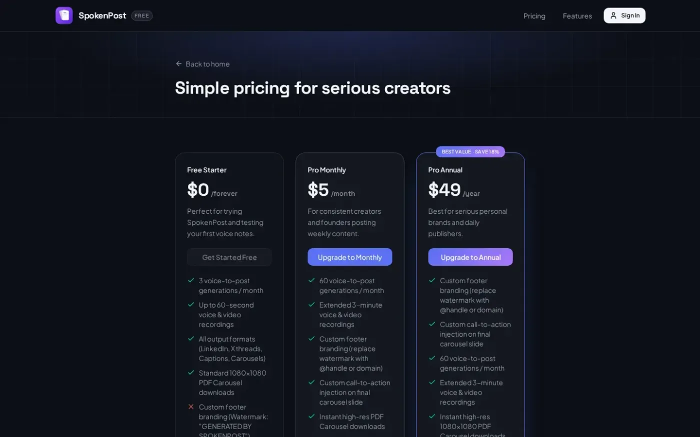 Tryspokenpost — Pricing page
