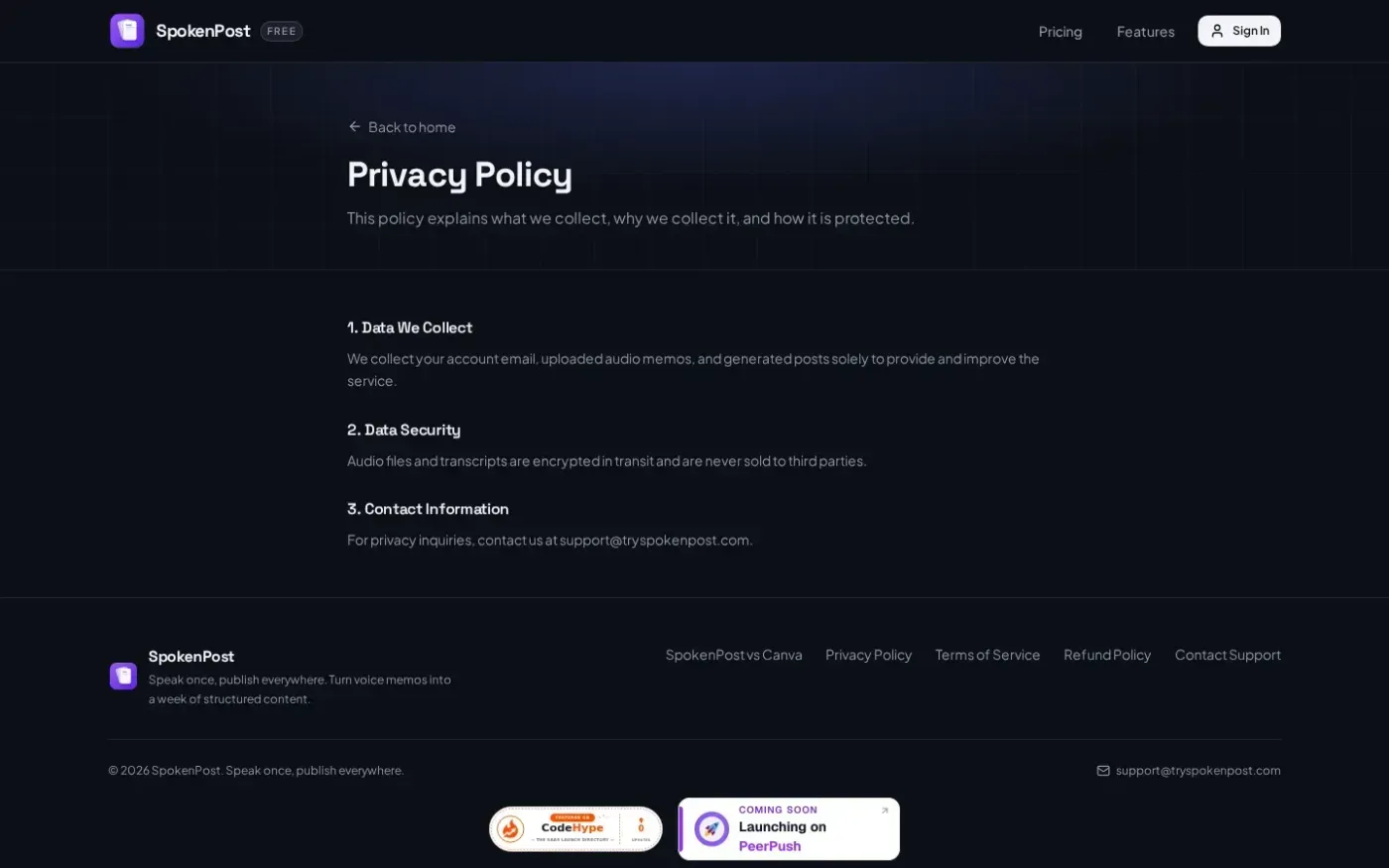Tryspokenpost — Privacy page