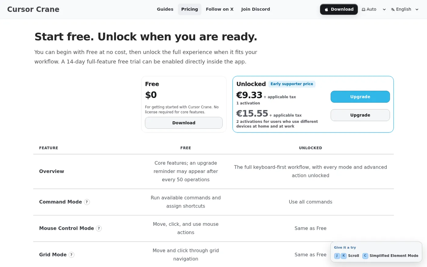 Cursor Crane — Control your Mac at the pace of your keyboard — Pricing page