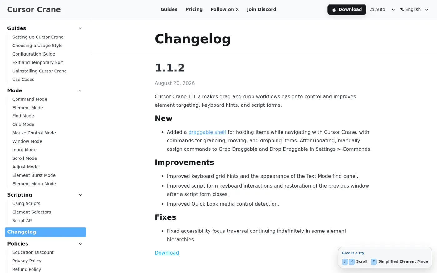Cursor Crane — Control your Mac at the pace of your keyboard — Changelog page