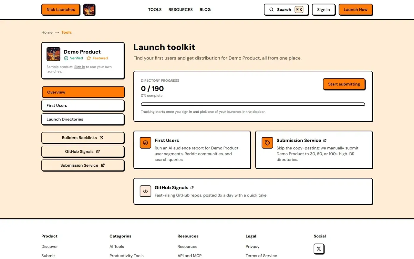 Nick Launches — Launch your product to thousands of builders. — Tools page