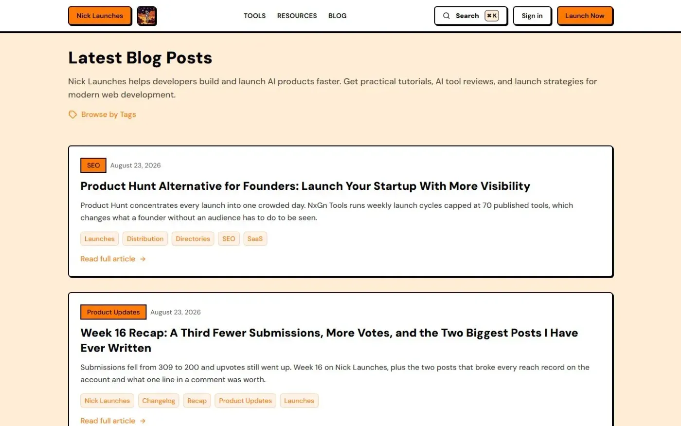 Nick Launches — Launch your product to thousands of builders. — Blog page