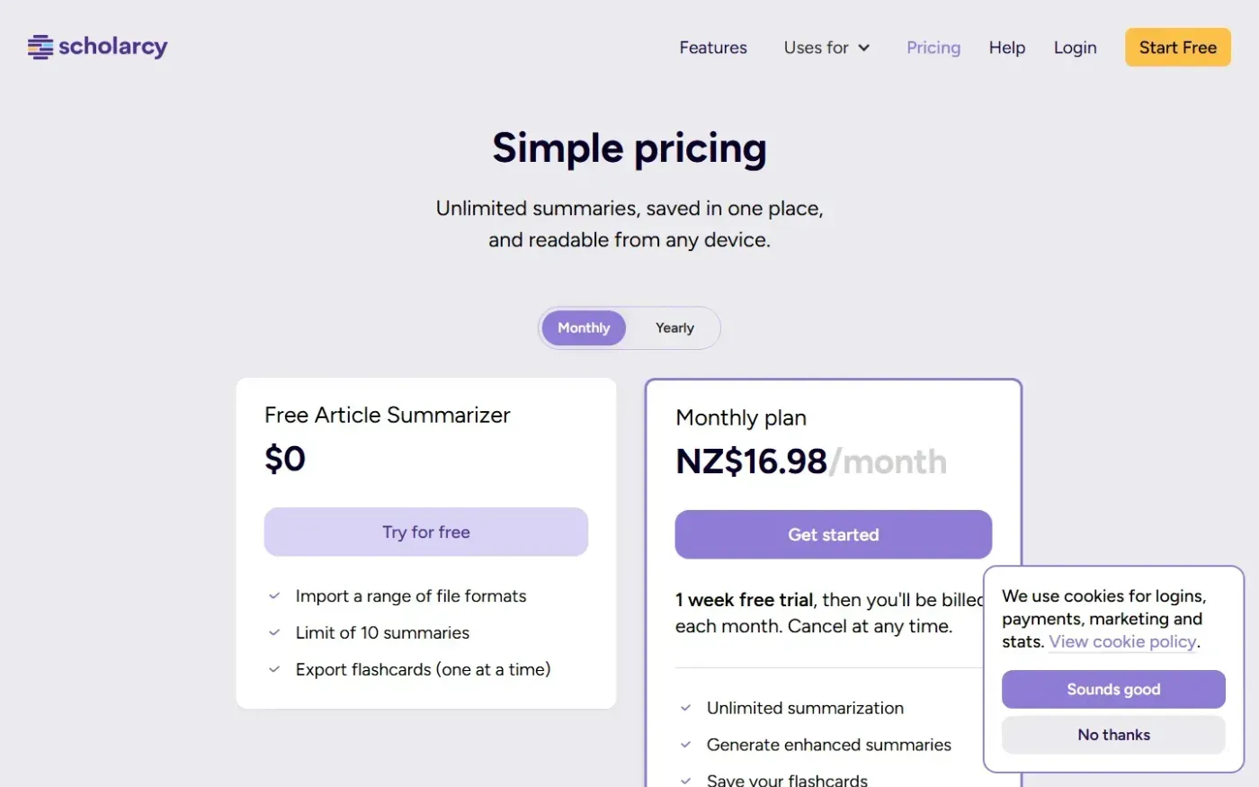 Scholarcy — Pricing page