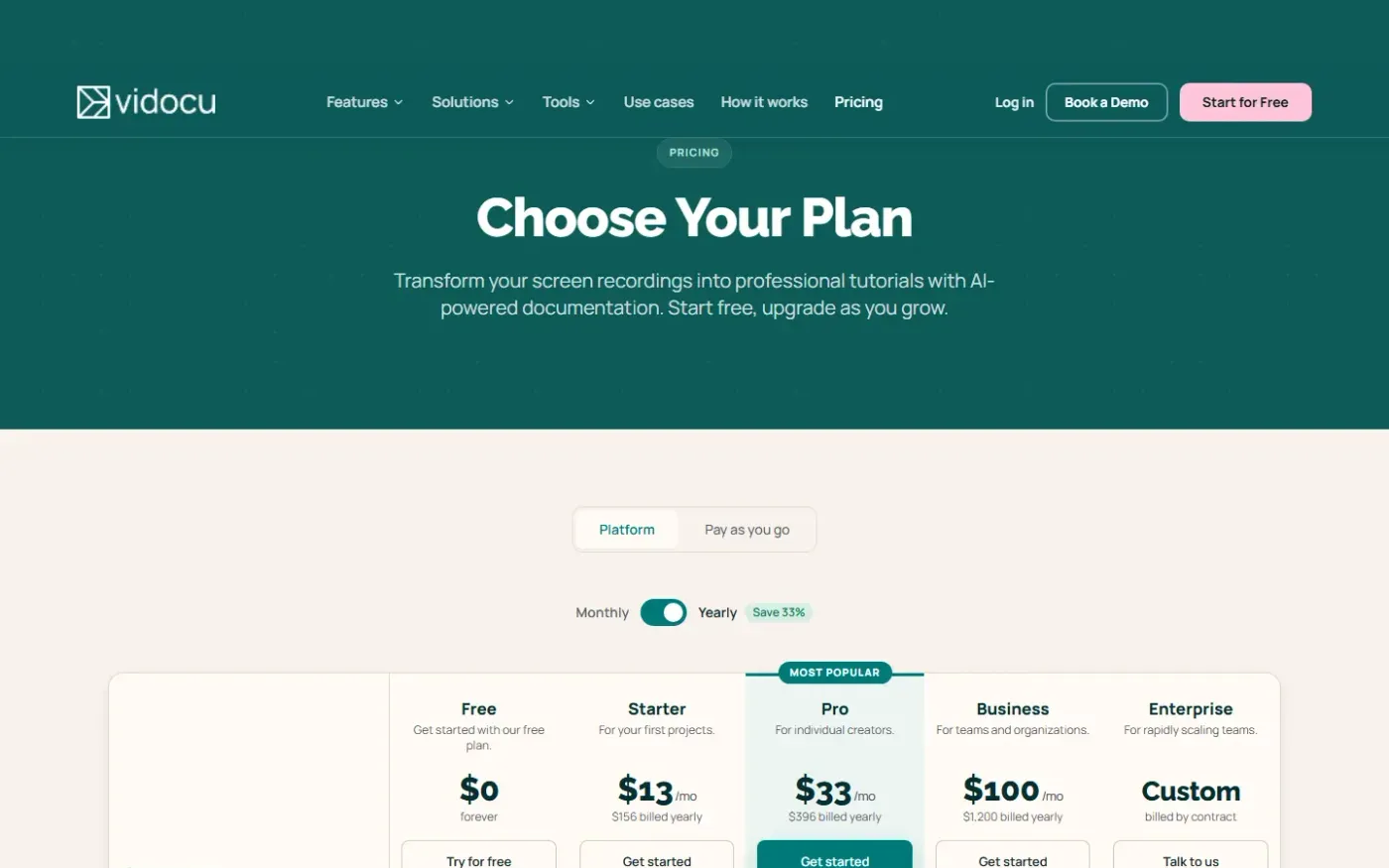 Vidocu — Pricing page