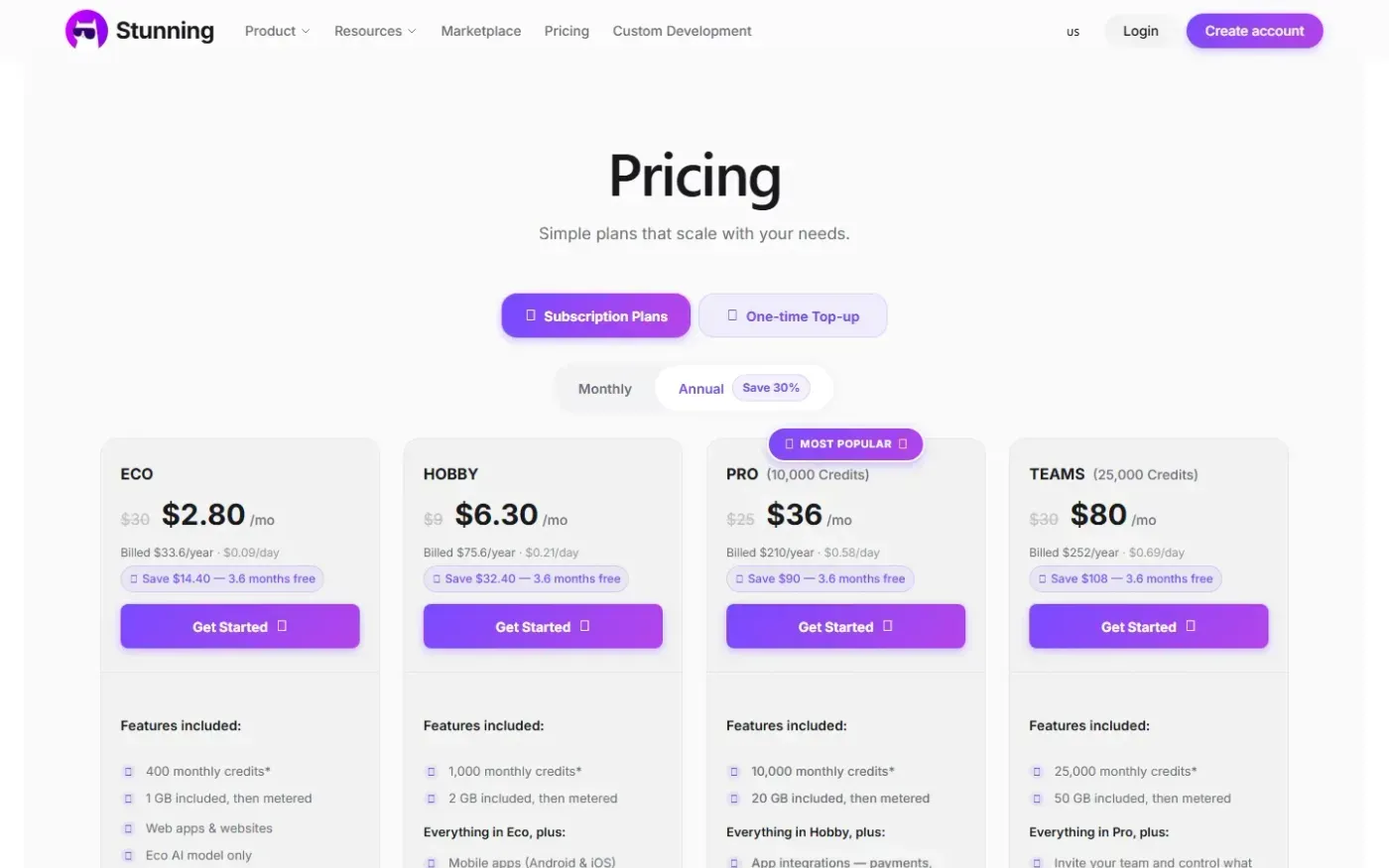 Stunning — Pricing page