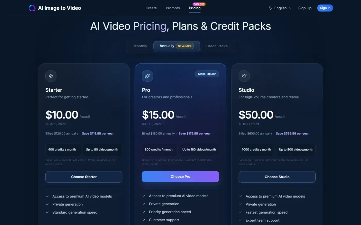 Aiimagetovideo — Pricing page