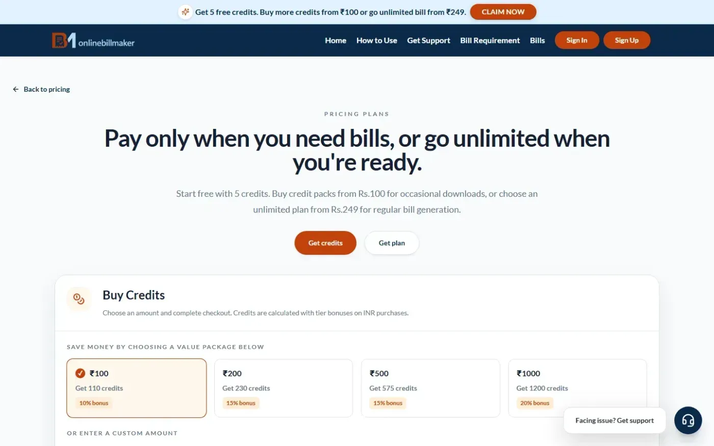 OnlineBillMaker — Create bills, receipts, invoices & quotes in minutes — Pricing plans page