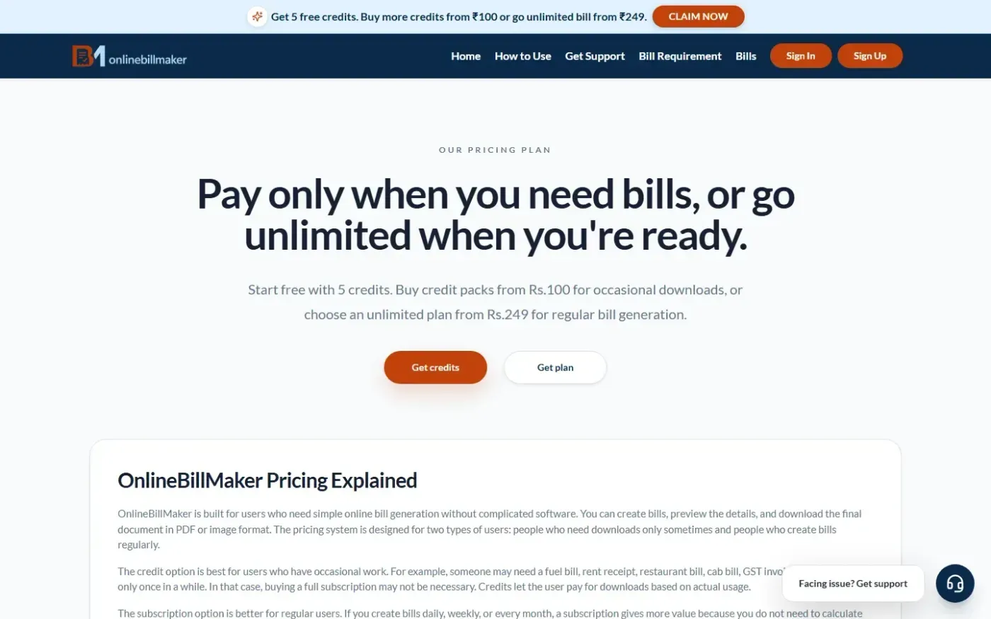 OnlineBillMaker — Create bills, receipts, invoices & quotes in minutes — Pricing plans page