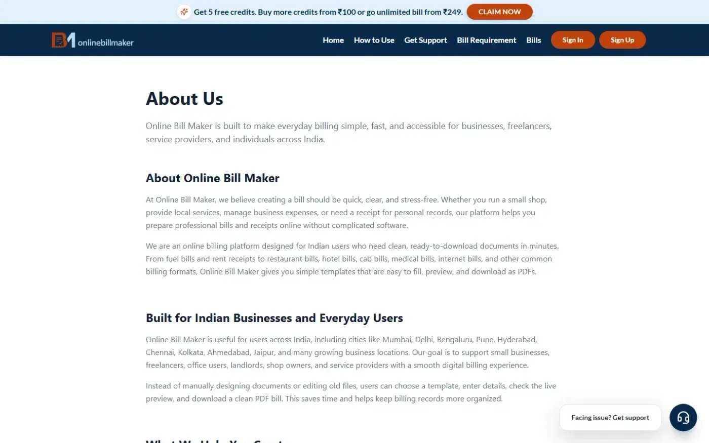 OnlineBillMaker — Create bills, receipts, invoices & quotes in minutes — About us page