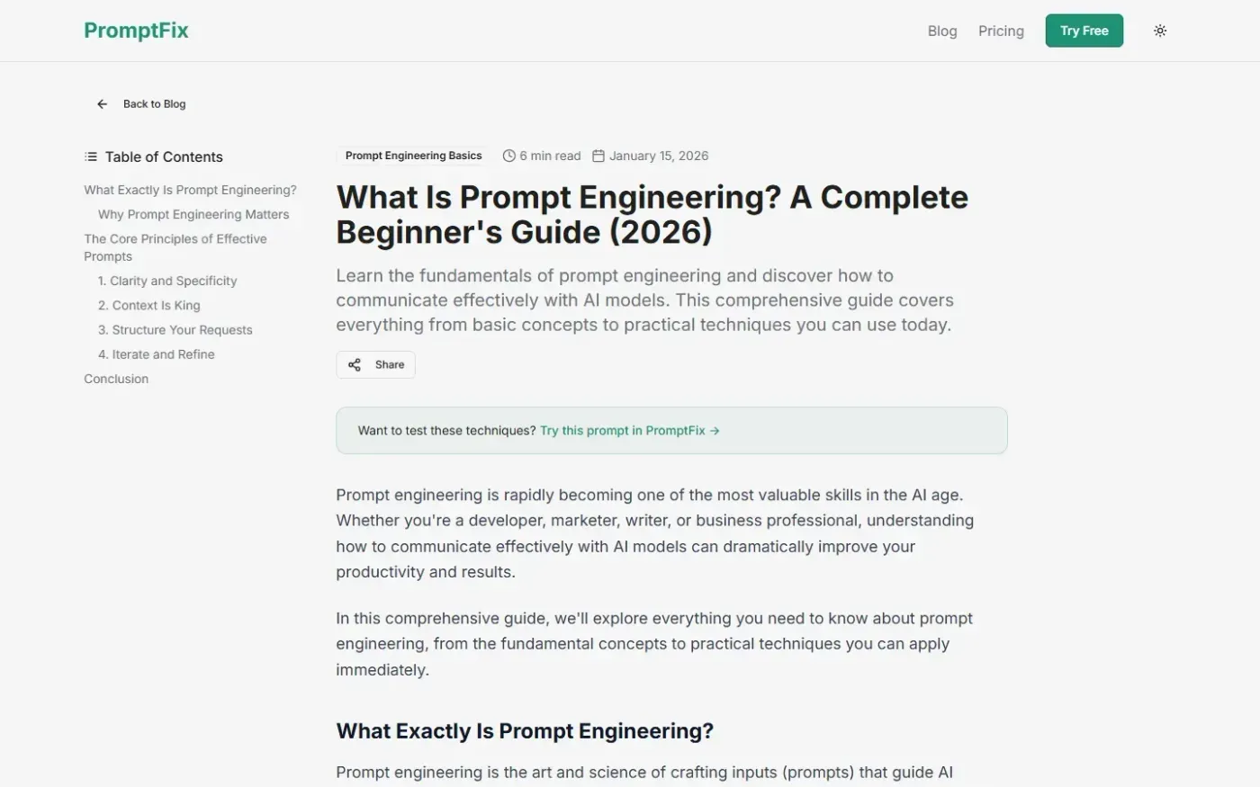 Promptfix — Blog page