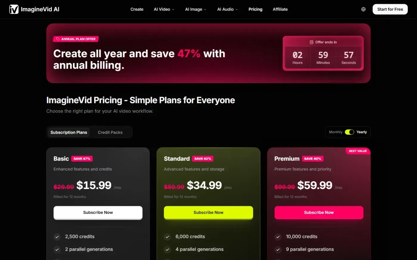 Imaginevid — Pricing page