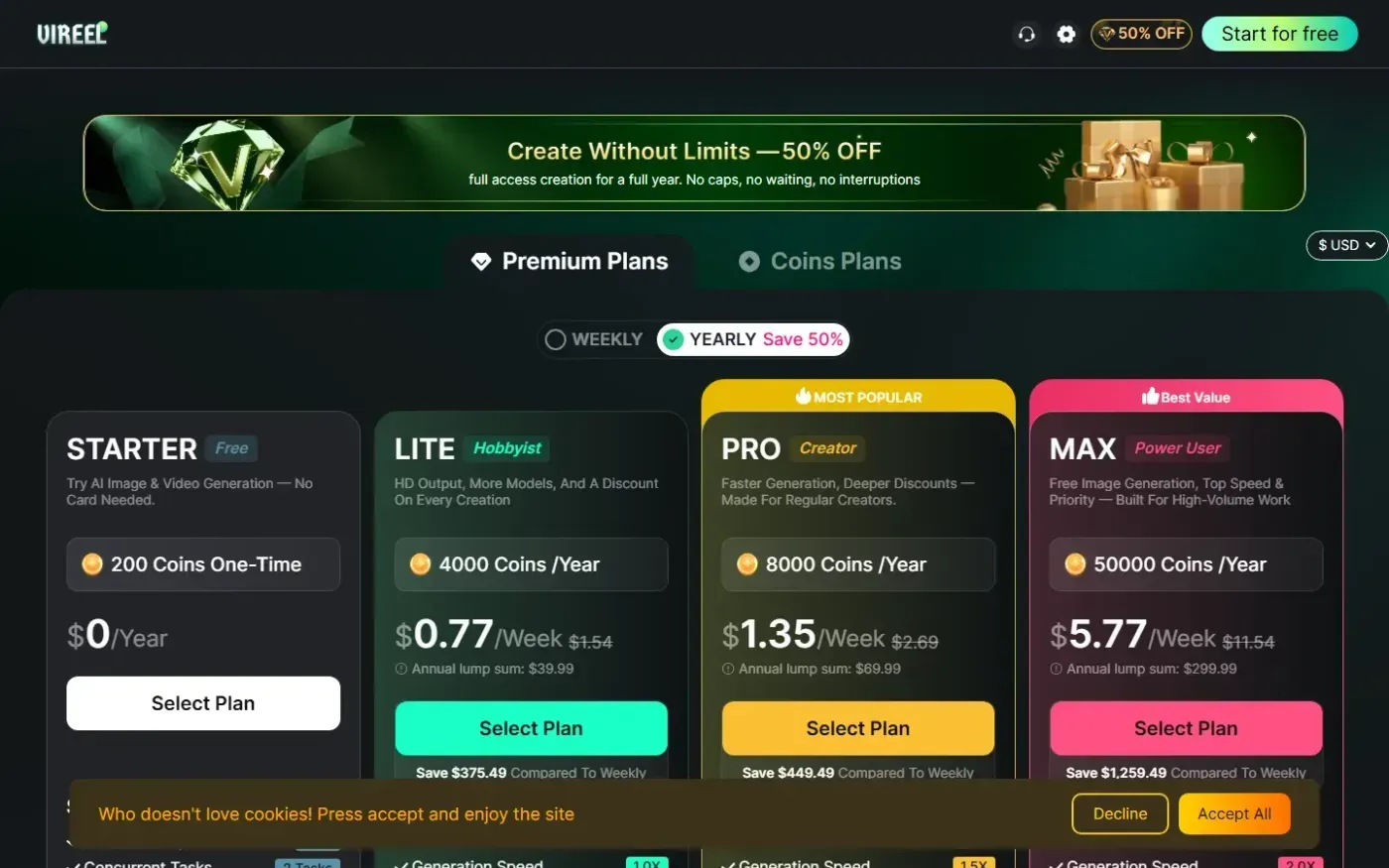 Vireels — Pricing page