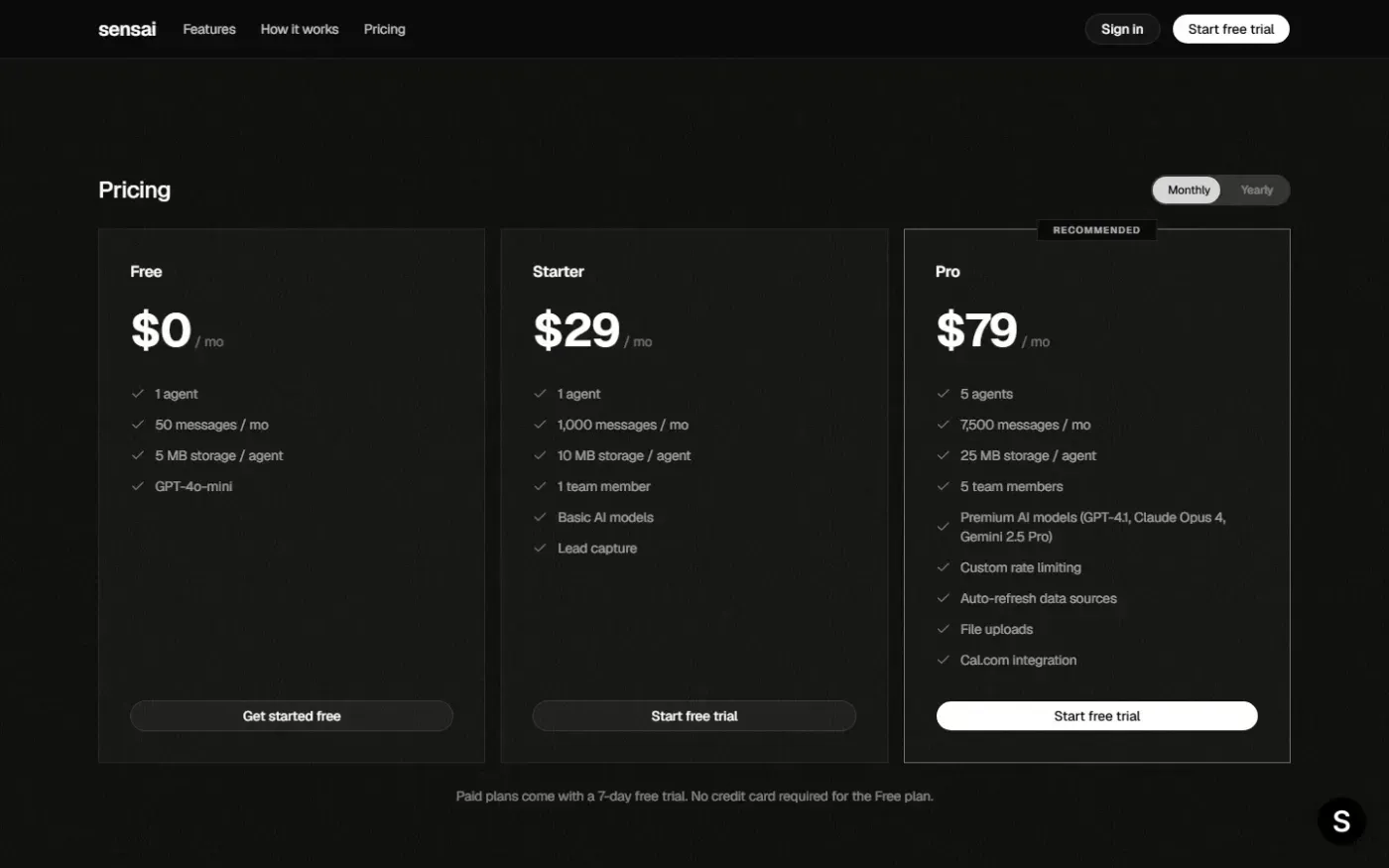 Sensai — Pricing page