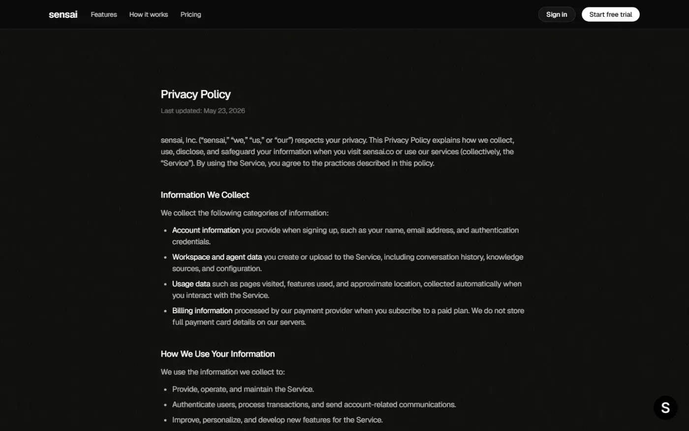 Sensai — Privacy page