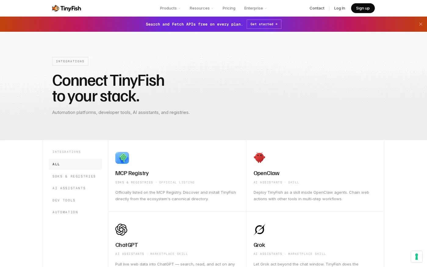 TinyFish — The web operating layer for AI agents — Integrations page