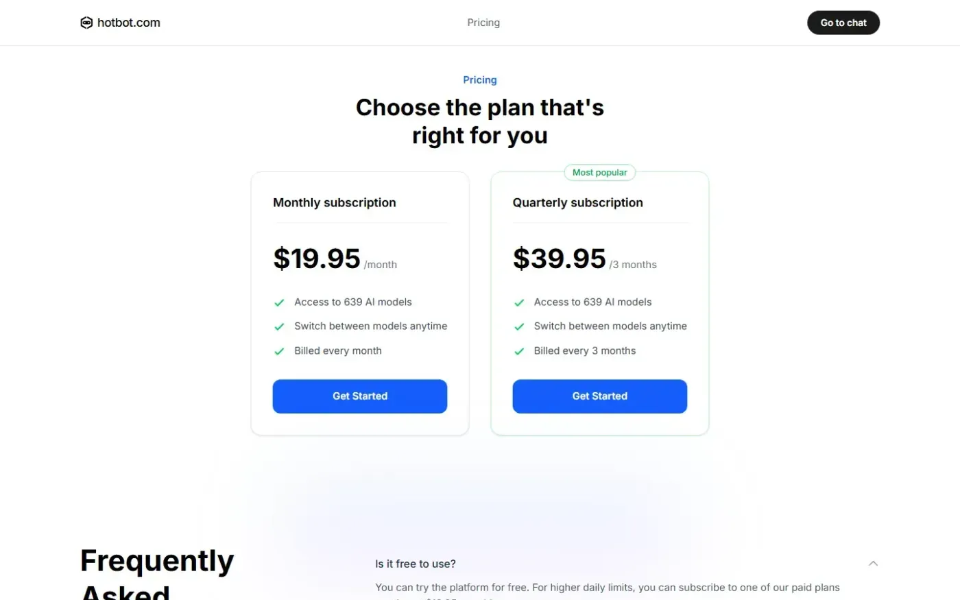 Hotbot — Pricing page