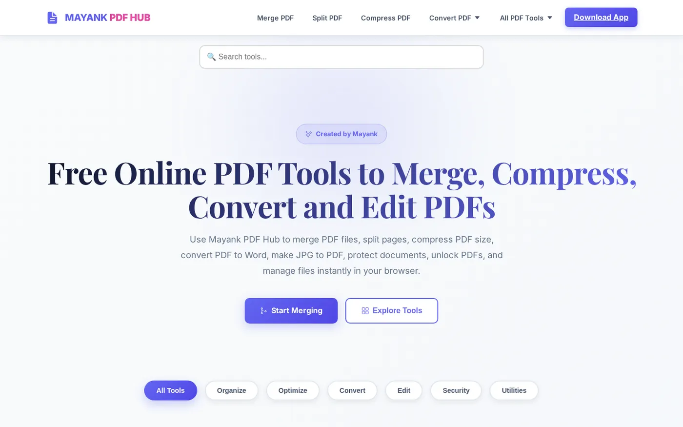 Mayank PDF Hub — All-in-One PDF Editor Tools for Everyone — Index.html page