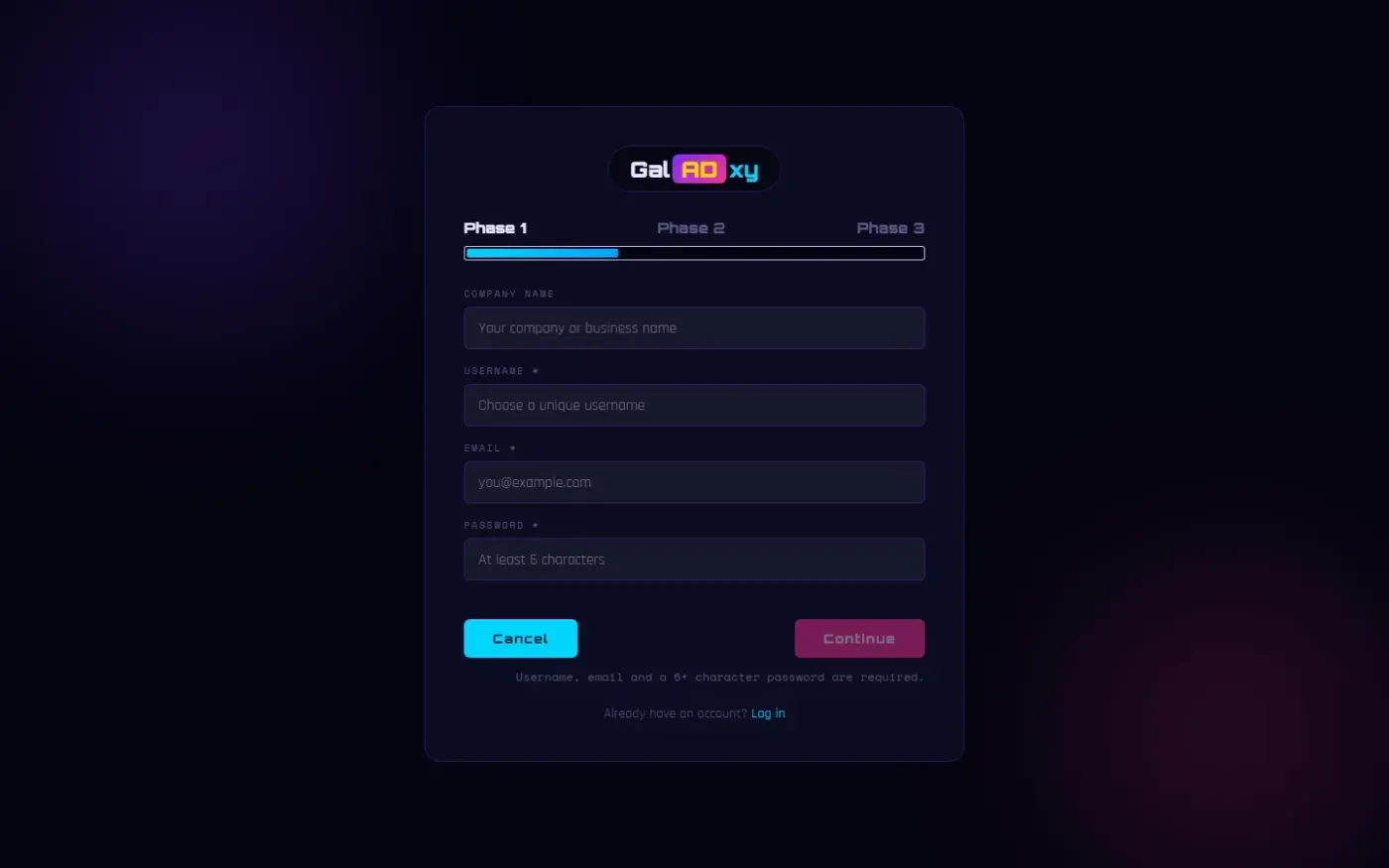 Galadxy — Signup page