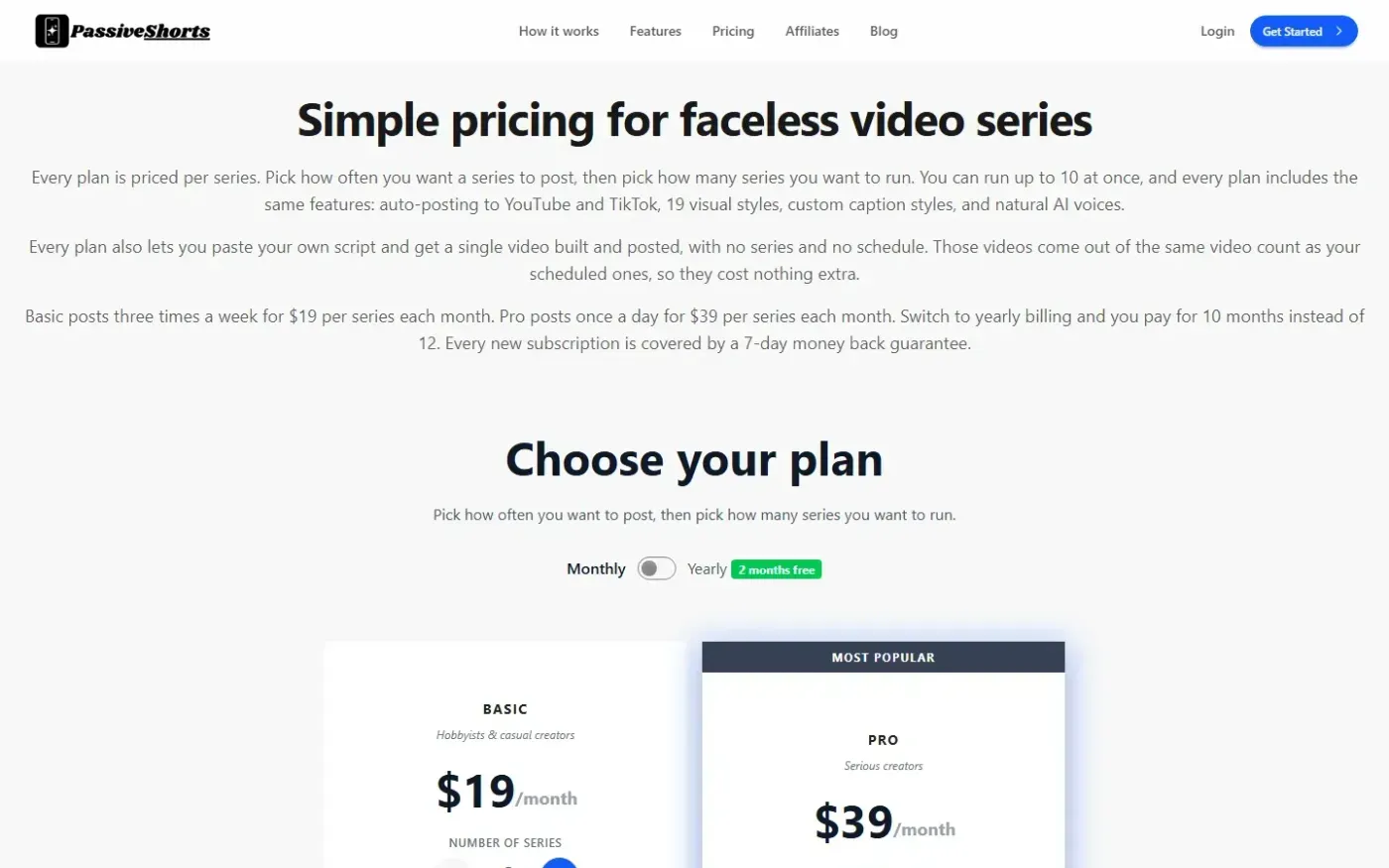 PassiveShorts — AI Faceless Video Generator for TikTok & YouTube — Pricing page