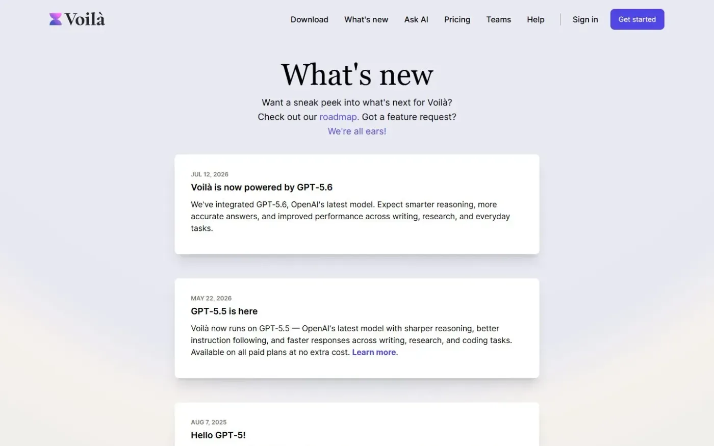Getvoila — Changelog page