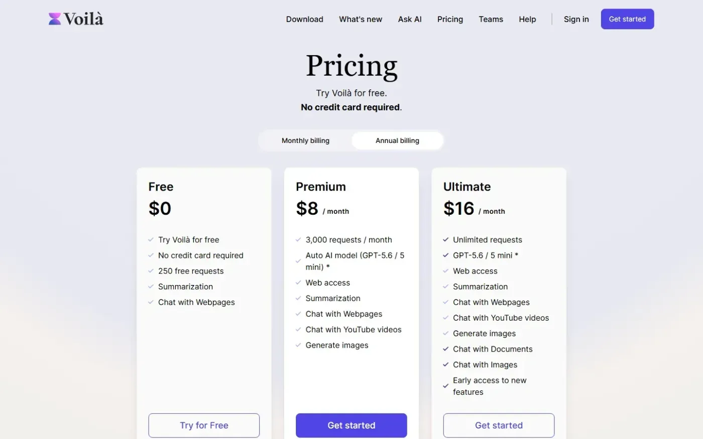 Getvoila — Pricing page