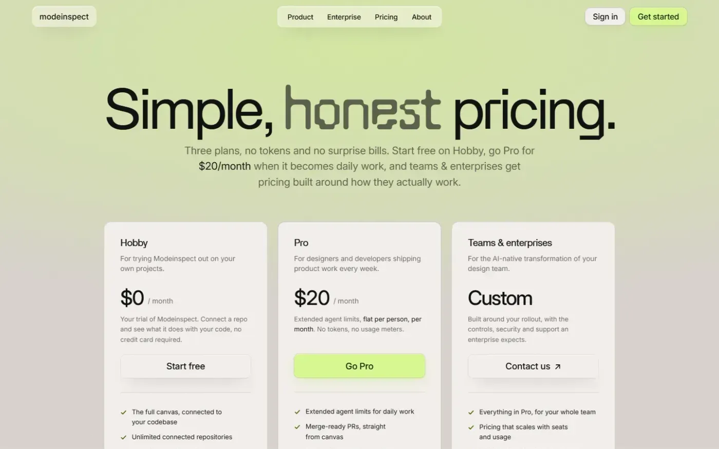 Modeinspect — Pricing page