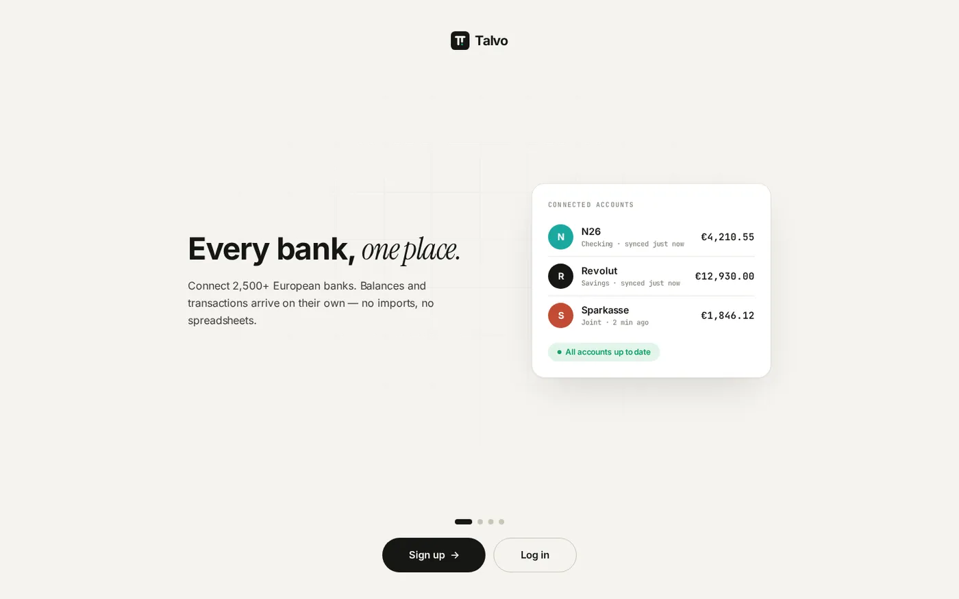 Talvo — Connect 2,500+ European banks to track your spending — Home page