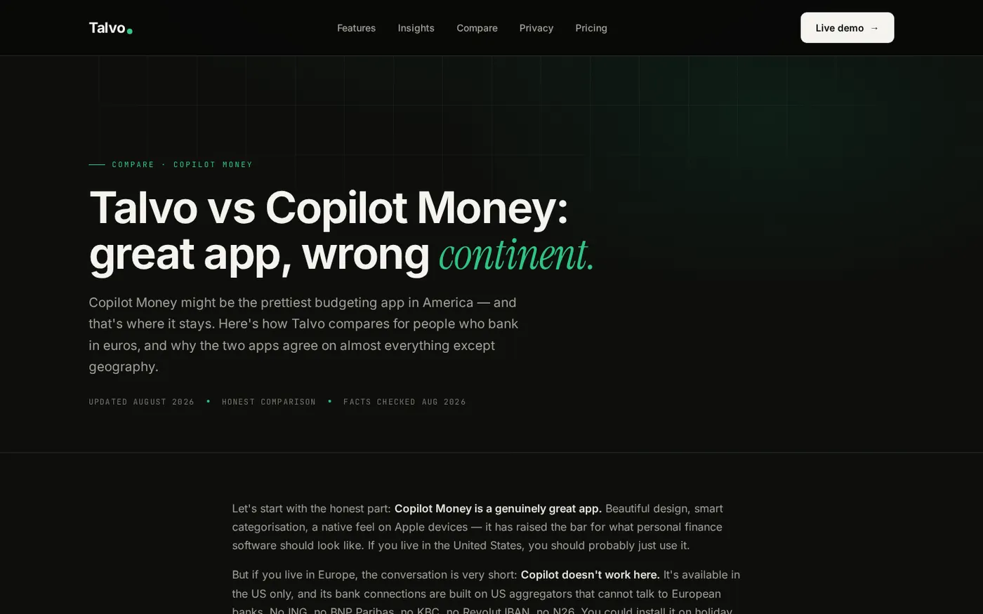 Talvo — Connect 2,500+ European banks to track your spending — Talvo vs copilot money.html page