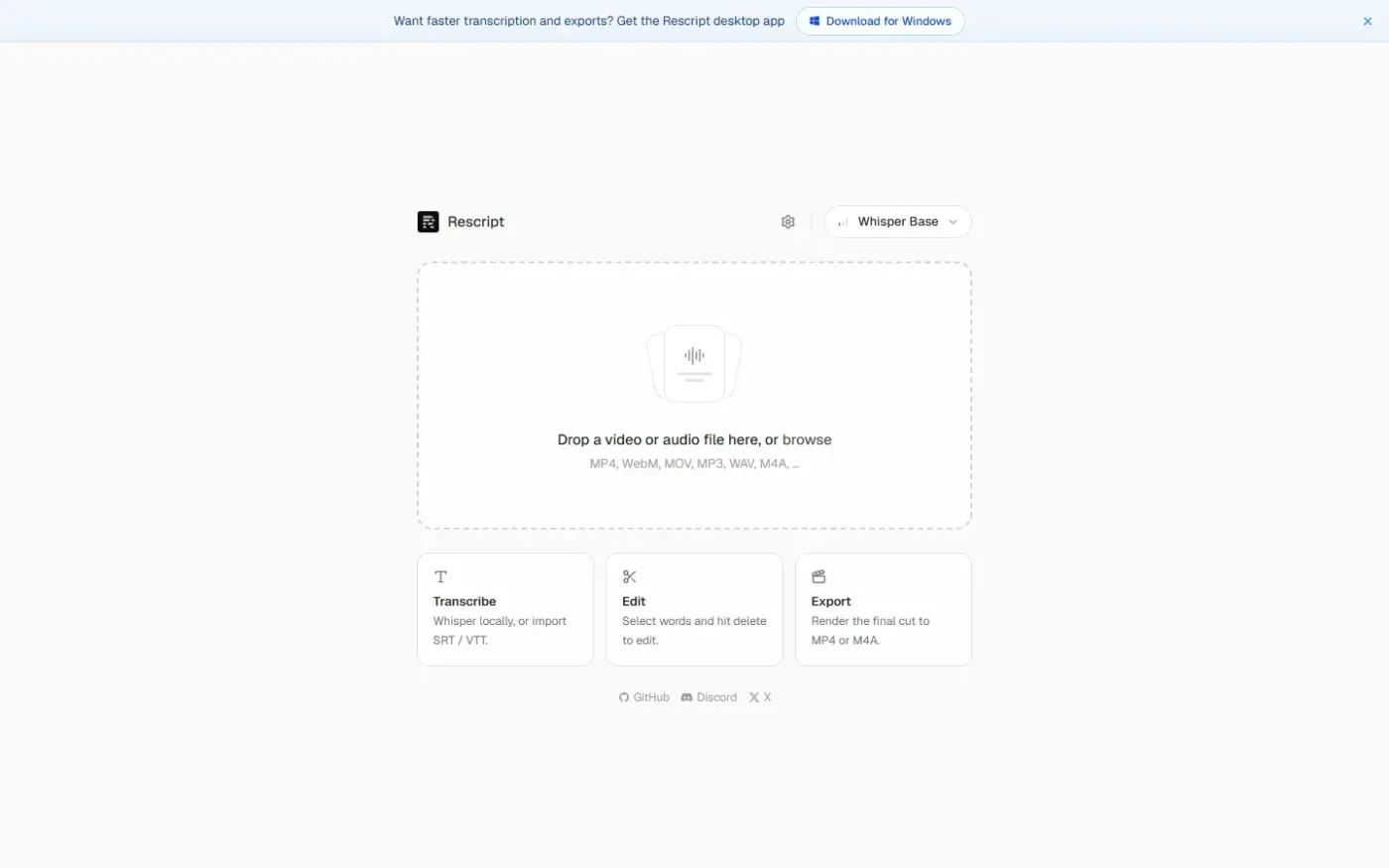 Rescript for Desktop — A free, open source, Descript alternative. Runs on-device. — Home page