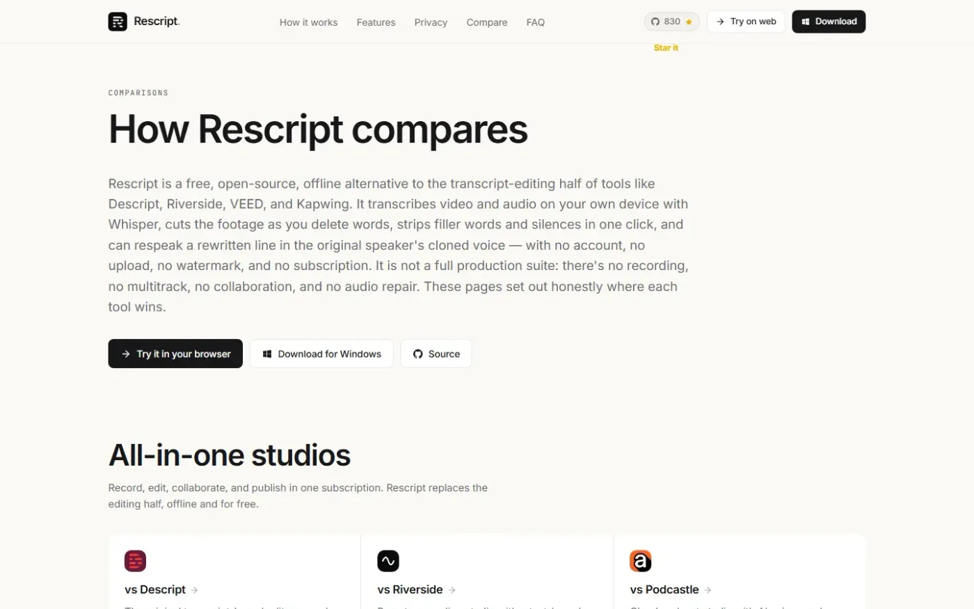Rescript for Desktop — A free, open source, Descript alternative. Runs on-device. — Alternatives page