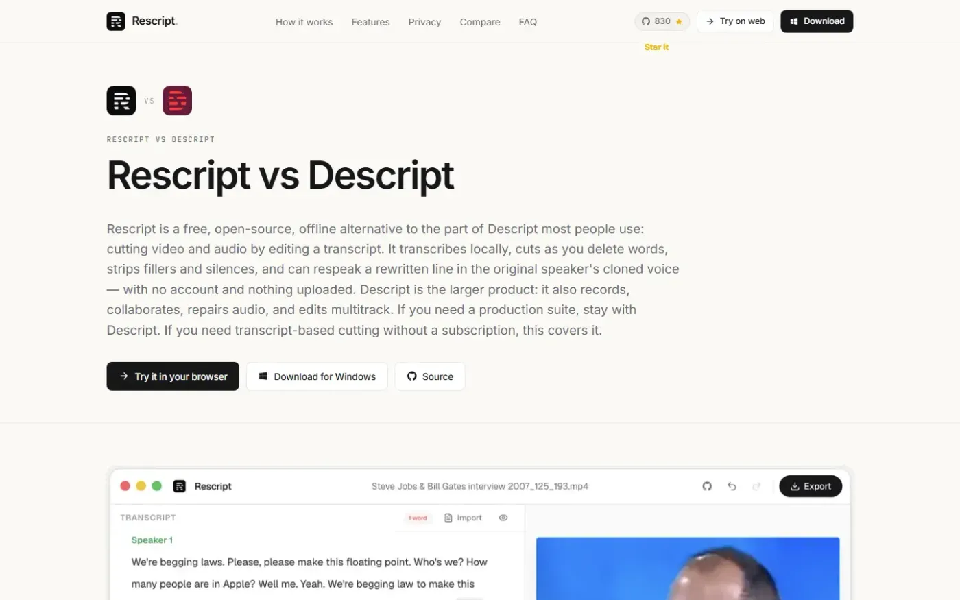 Rescript for Desktop — A free, open source, Descript alternative. Runs on-device. — Descript page