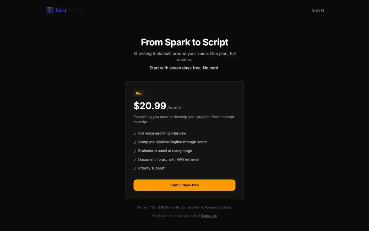 Storyhack — Pricing page