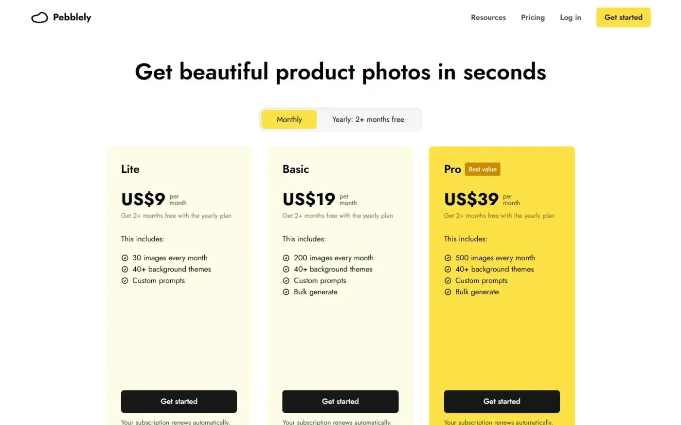 Pebblely — Pricing page