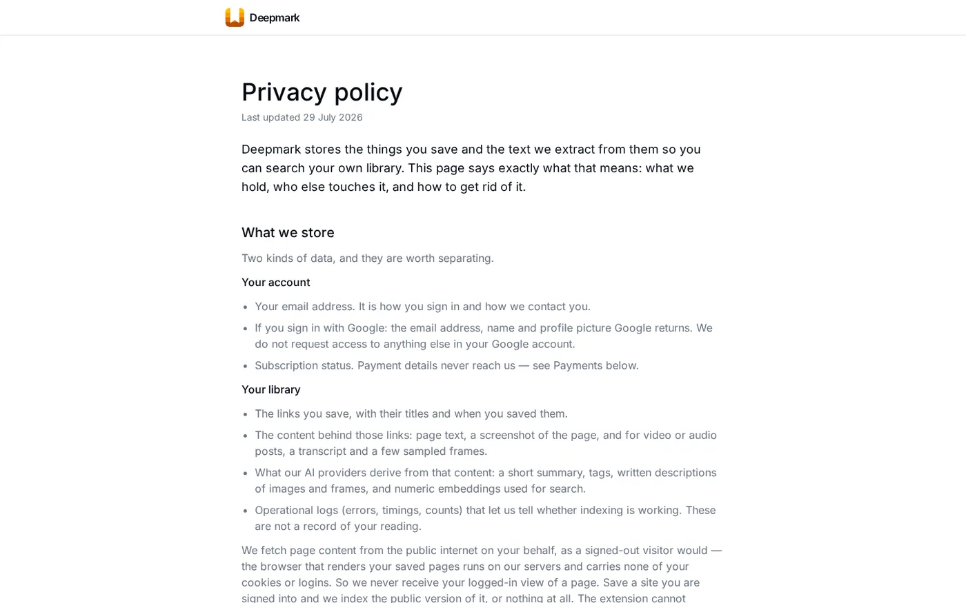 Deepmark — Search your bookmarks by what's inside them, not the title — Privacy page