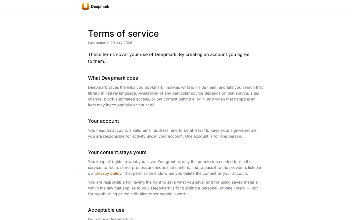 Deepmark — Search your bookmarks by what's inside them, not the title — Terms page