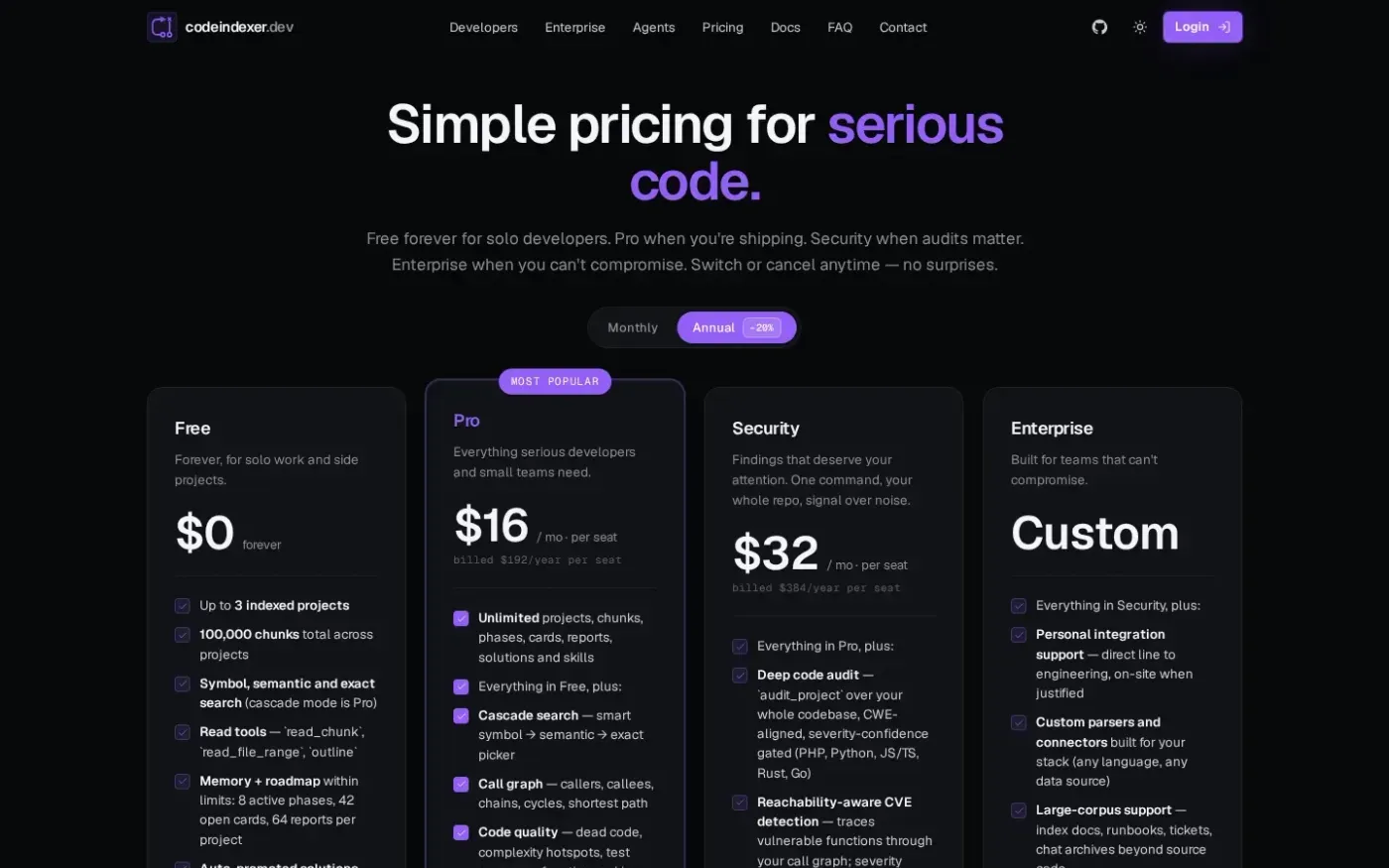 Codeindexer — Pricing page