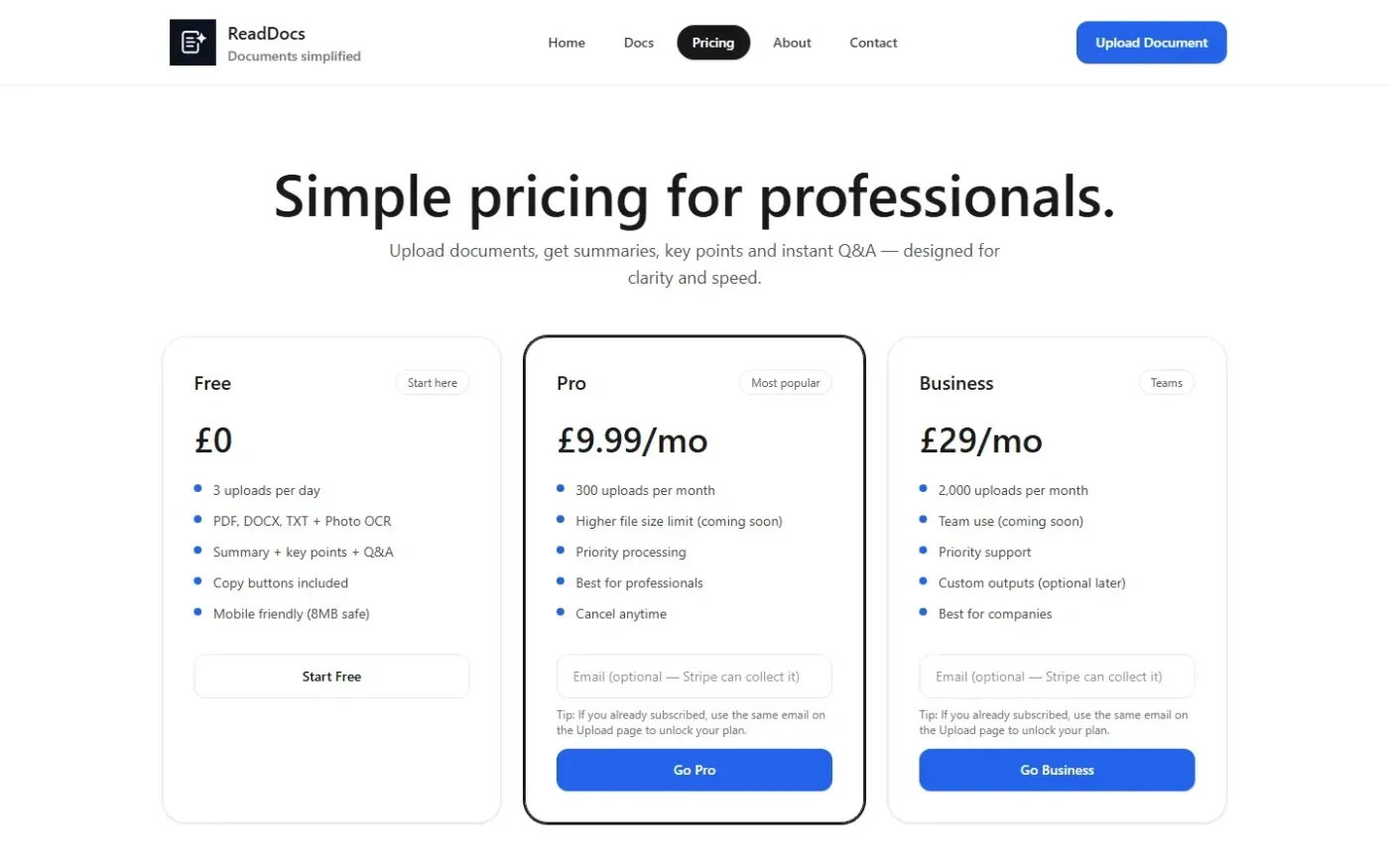 Readdocs — Pricing page